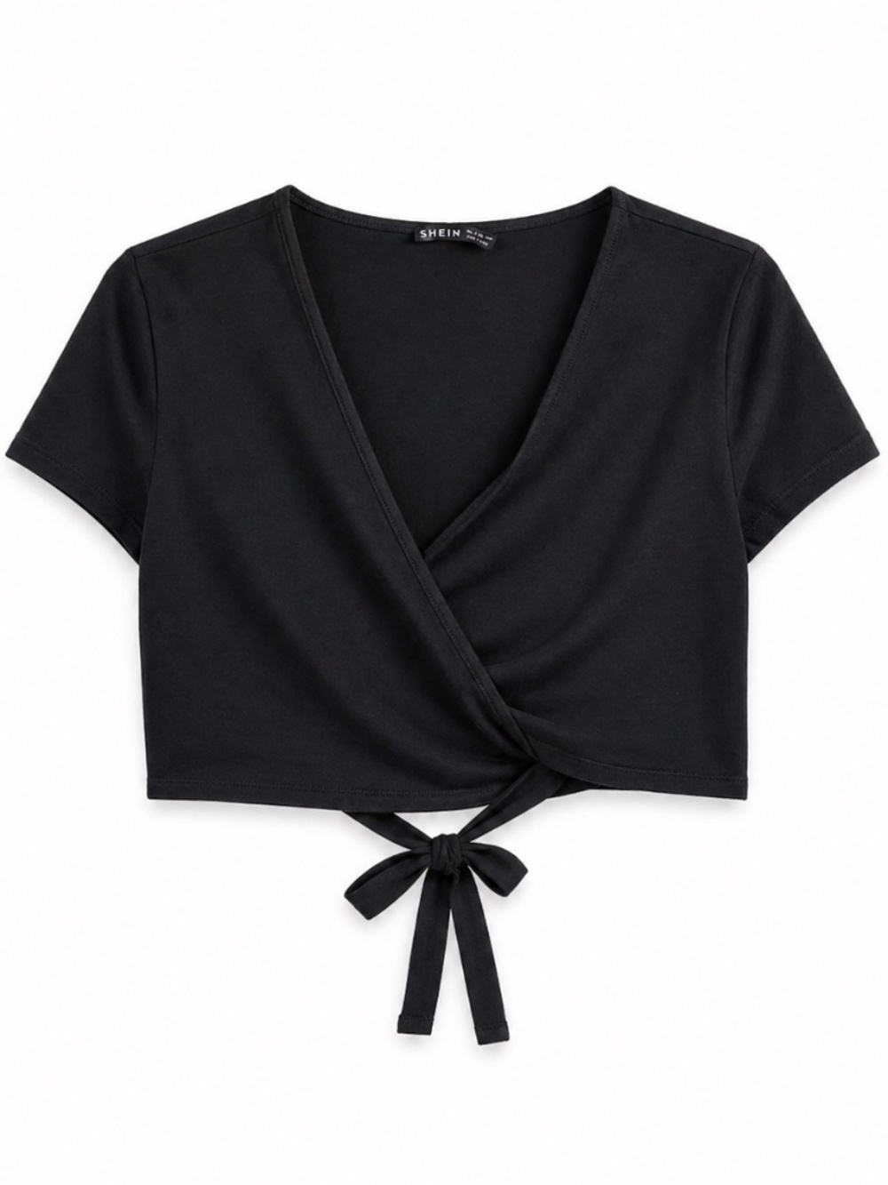 4/$20➡️ Black Wrap Cropped Tee Tie-Back – Size Large (Fits Medium) GUC